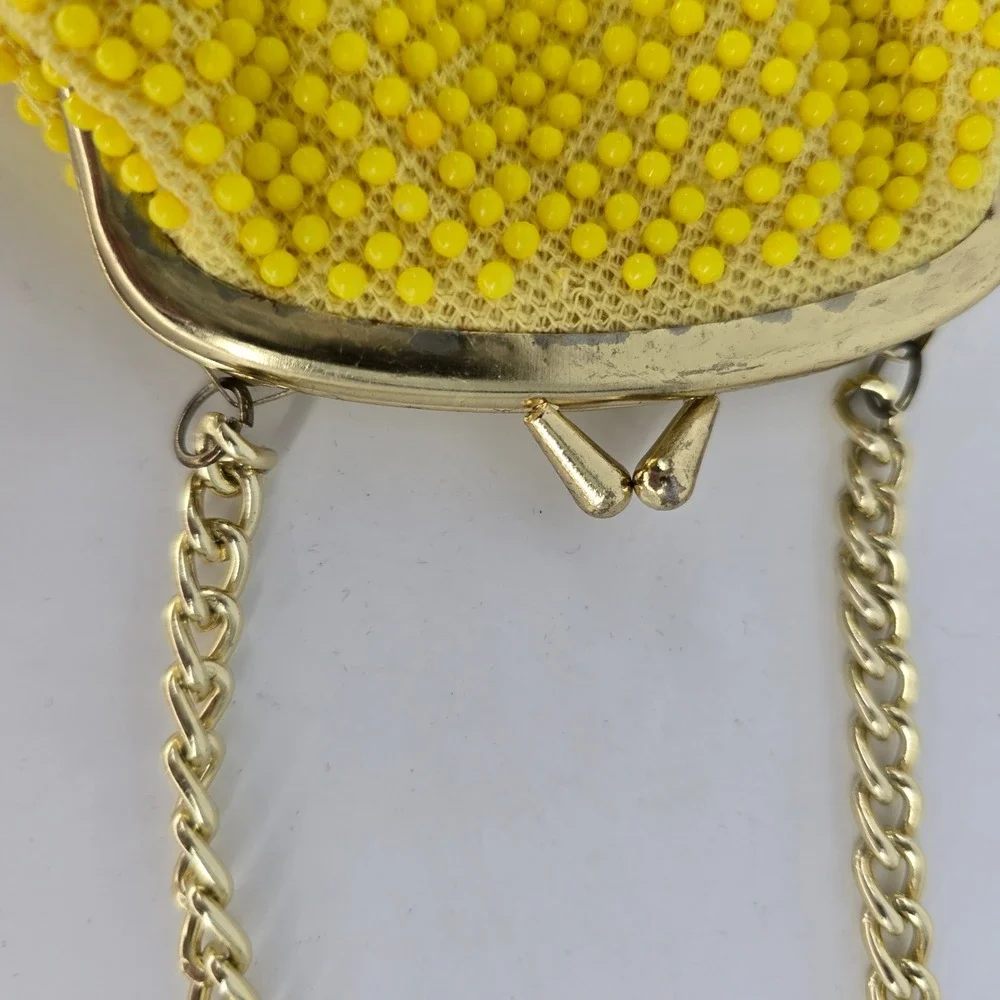 Vintage Thunderbird Indy 500 Beaded Souvenir Purse Yellow Fringe Kiss Lock